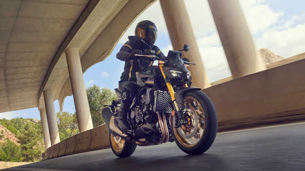 Cliché de la Dax 125 à l'arrêt, vue arrière trois quarts, en bord de mer.