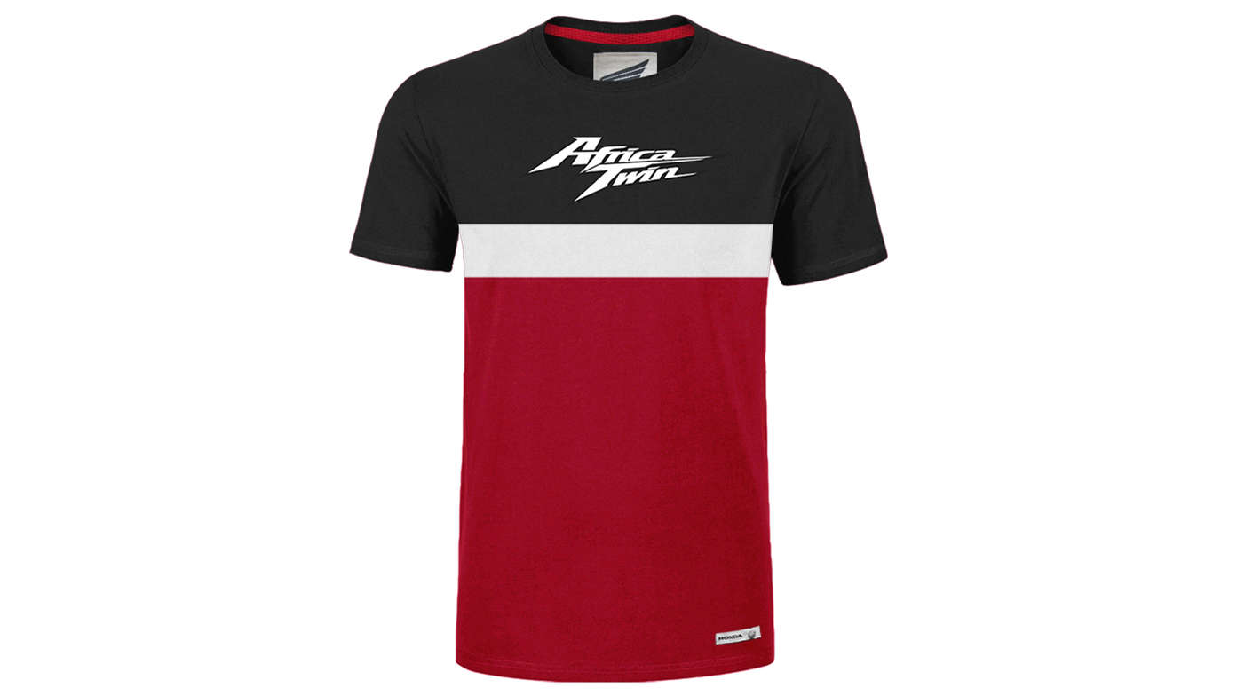 T-shirt vintage Honda rouge et noir avec le logo Africa Twin. 