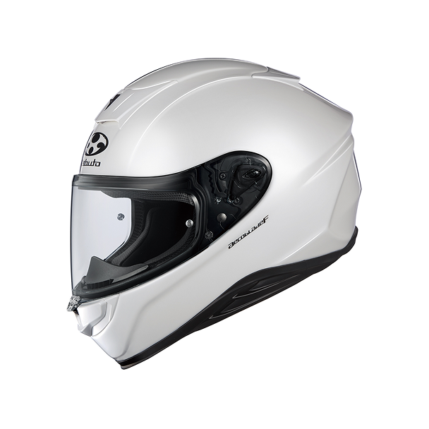 A white full-face motorcycle helmet with a clear visor. The helmet has a sleek, aerodynamic design and features the OGK Kabuto logo on the side.