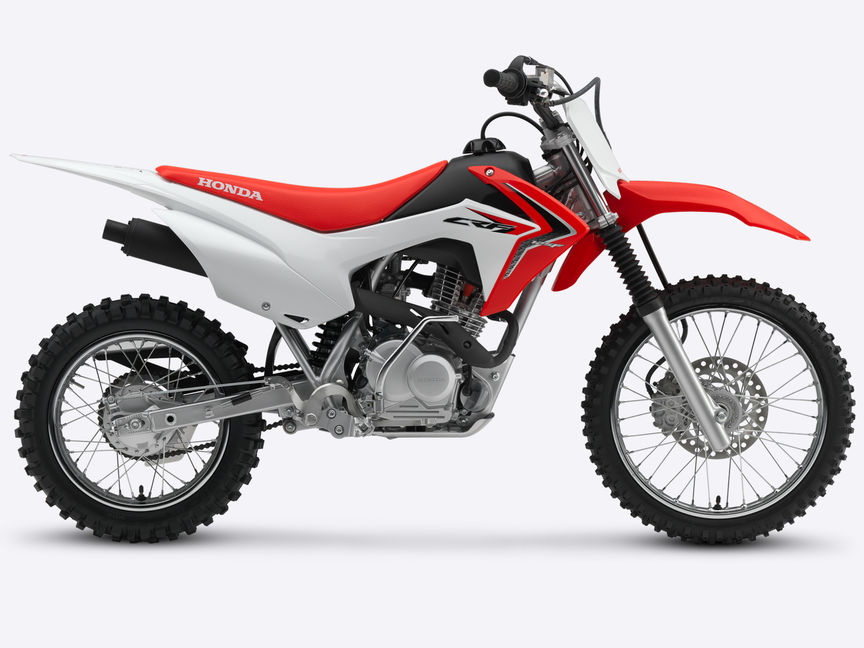 Vue latérale, côté droit de la CRF125F rouge.