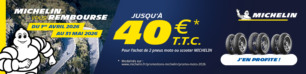 A promotional banner for Michelin tire rebates. It offers up to 40 euros cashback for purchasing 2 Michelin motorcycle or scooter tires from April 1 to May 31, 2026. The banner features the Michelin Man mascot, images of tires, and a scenic mountain road.