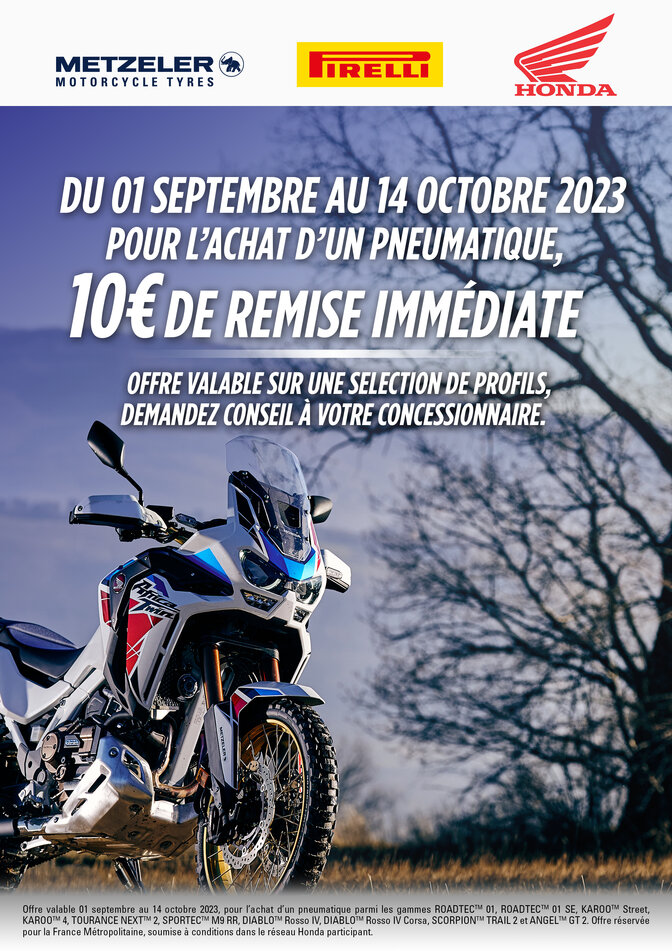 Promo pneumatiques Metzeler Pirelli Honda - Septembre 2023